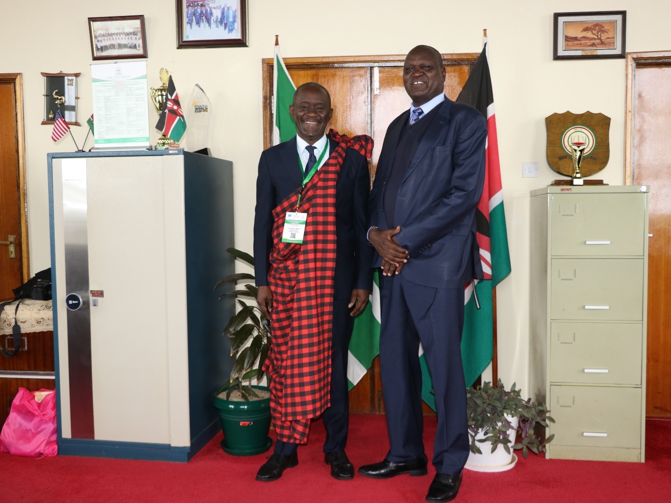The Deputy Vice-Chancellor (A & F) Prof. Amandus Muhairwa with the Vice Chancellor for MU Prof. Isaac Kimengi