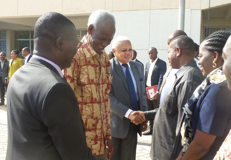 Hon. Joseph S. Warioba and Hon. Mohamed Chande Othman receiving a warm welcome to Sokoine University of Agriculture from Vice Chancellor Prof. Raphael Chibunda together with his entire Management team