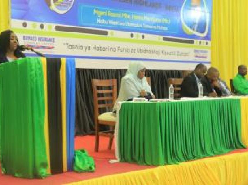 Ms. Consolata Mushi, the Executive Secretary of BAKITA, delivering a speech during the Fourth World Kiswahili Channels Conference.